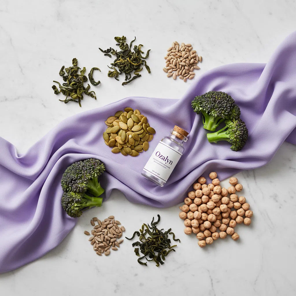 Naturliga ingredienser för aktiv livsstil - broccoli, pumpafrön, solrosfrön, grönt te och kikärtor